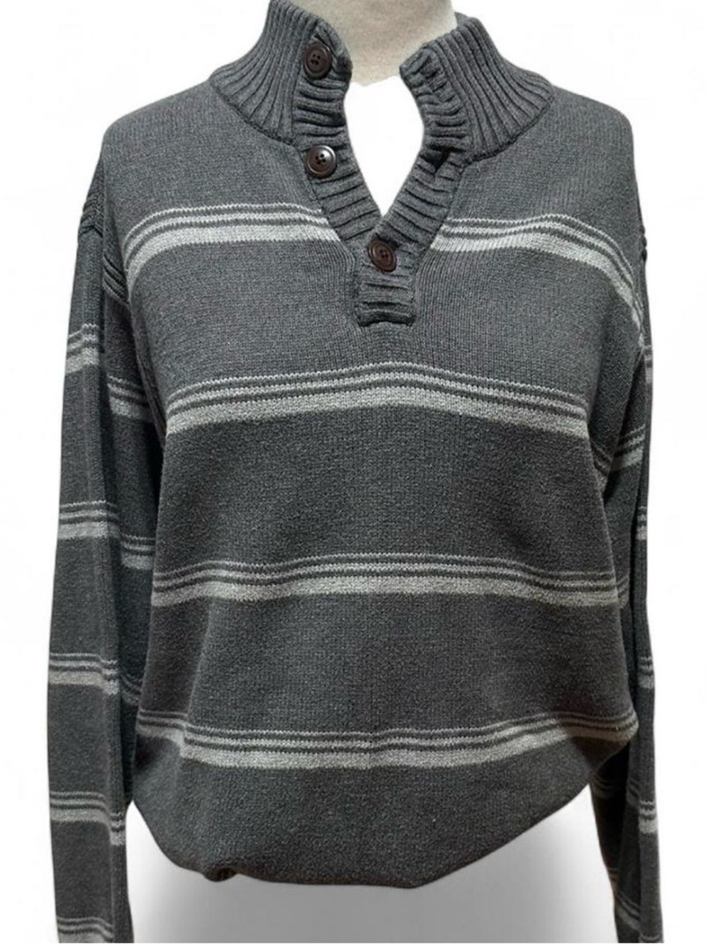 Izod Gray Striped Button-Neck Sweater